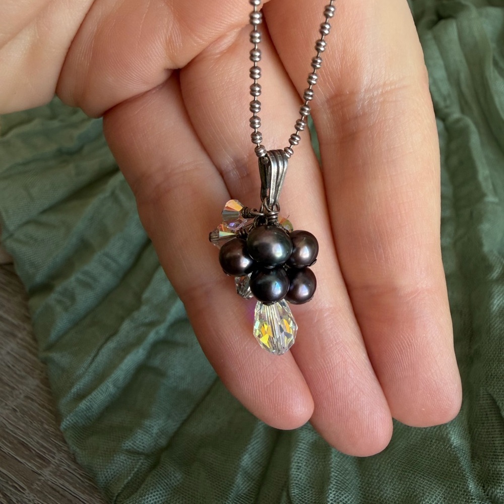 Black and Crystal Silver Cluster Necklace